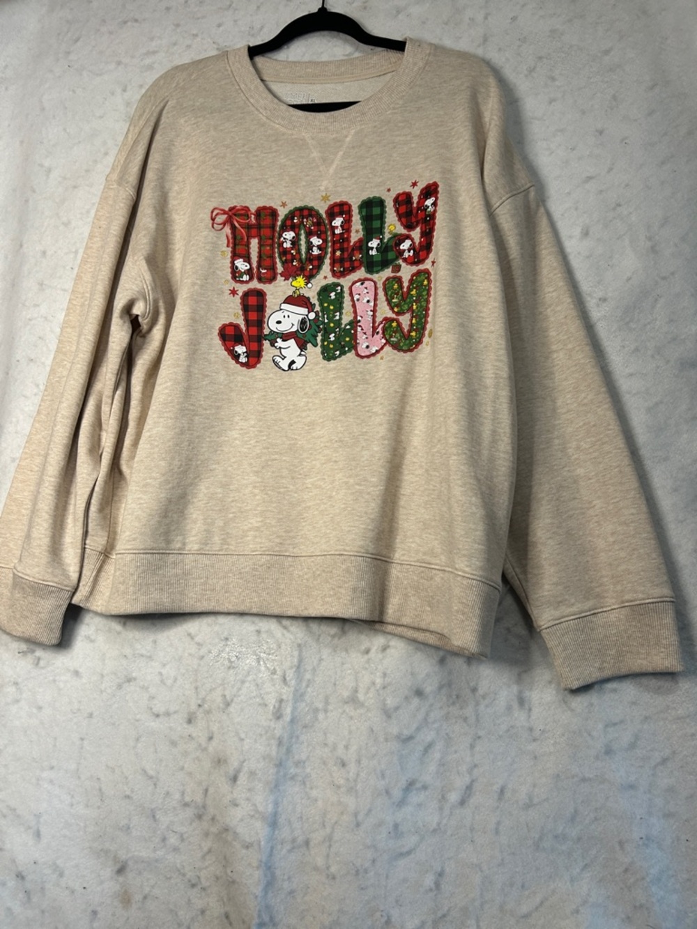 Snoopy Holly Jolly Plaid Graphic Crewneck Sweatshirt Cream Holiday Sweater XL